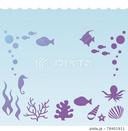夏 海 シルエット 海中 水中 魚 海藻 フレーム コピースペース 壁紙 イラスト 背景素材のイラスト素材