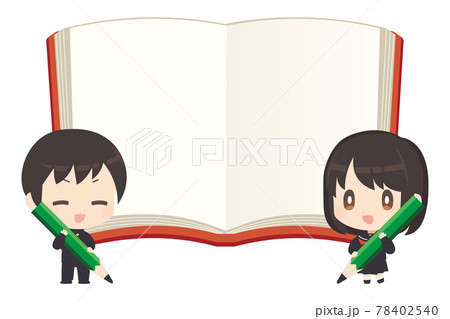 開いた本と鉛筆を持った生徒のイラストのイラスト素材