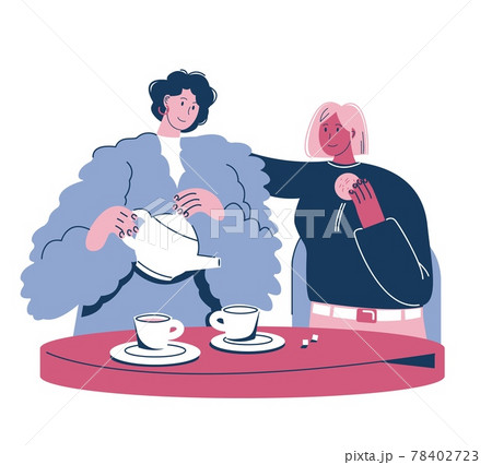 Happy women friends enjoying coffee drink, chatting sitting at table, flat vector illustration. Coffee break. Tea time. Happy women friends enjoying coffee drink, chatting sitting at table, flat vector illustration. Coffee break. Tea time. 78402723