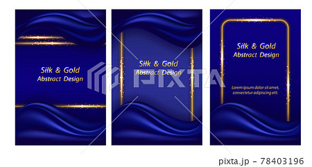 Luxury background with blue silk wave and golden glowing borders, Smooth realistic deep blue satin texture curtain and golden shine. Banner or poster design. Vector illustration 78403196