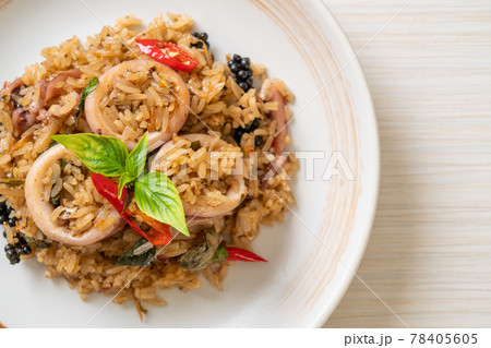 Basil and Spicy Herb Fried Rice with Squid or Octopus 78405605