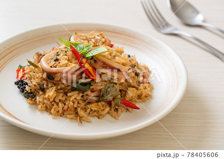 Basil and Spicy Herb Fried Rice with Squid or Octopus Basil and Spicy Herb Fried Rice with Squid or Octopus 78405606