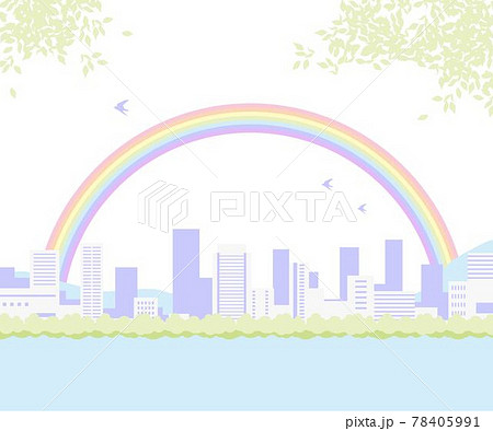 虹がかかった街のイラスト ベクター 春夏 背景のイラスト素材