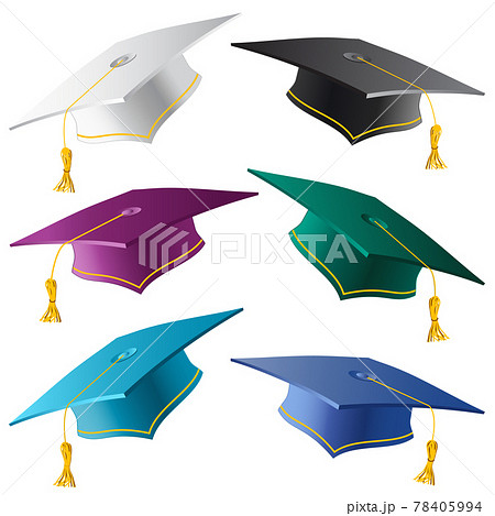 Graduate student caps collection in different colors. Set of realistic graduation hats isolated on white background. Square symbol education uniform. Jpeg illustration 78405994
