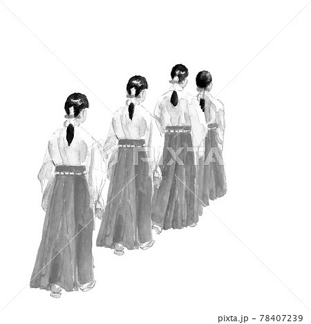 巫女の行列【水墨画風水彩】白バック コピースペースありPNG 78407239