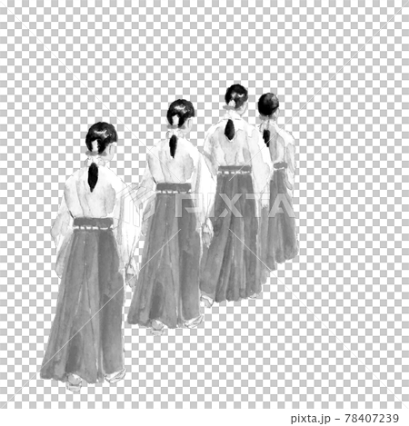 巫女の行列【水墨画風水彩】白バック コピースペースありPNG 78407239