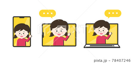 スマホ・タブレット・パソコンを使って、オンラインで会話する女の子 イラスト 78407246
