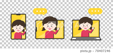 スマホ・タブレット・パソコンを使って、オンラインで会話する女の子 イラスト 78407246