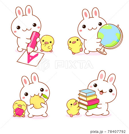 Back to school. Set of kawaii bunny and duckling 78407792