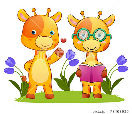 The smart couple of giraffe is holding a book and telling a story in the park 78408936