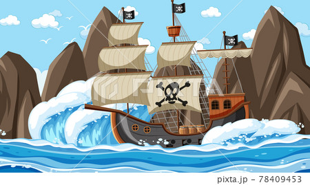 Ocean with Pirate ship at day time scene in cartoon style Ocean with Pirate ship at day time scene in cartoon style 78409453