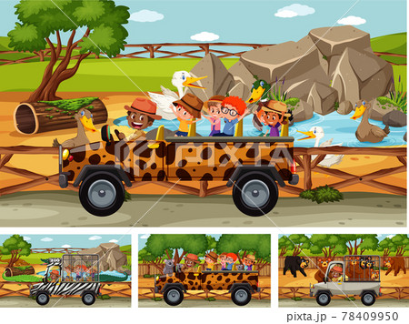 Different Safari Scenes With Animals And Kids のイラスト素材