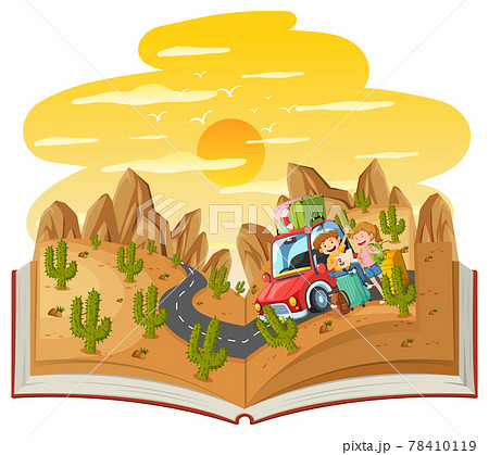 Open book with a couple travel in the desert forest scene 78410119