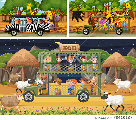 Different safari scenes with animals and kids cartoon character 78410137