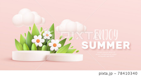 Enjoy Summer 3d realistic background with clouds, daisies, grass, leaves and product podium on a pink background. Vector illustration Enjoy Summer 3d realistic background with clouds, daisies, grass, leaves and product podium on a pink background. Vector illustration 78410340