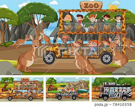 Different Safari Scenes With Animals And Kids のイラスト素材