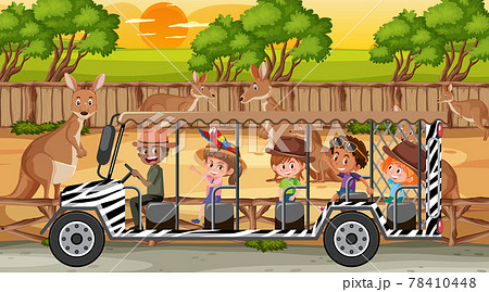 Safari at sunset scene with kids watching kangaroo group 78410448