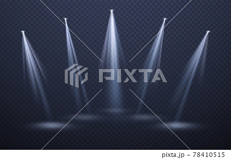 Spotlights light beams isolated on black background. Festive background for night show, party, presentation. Vector illustration 78410515