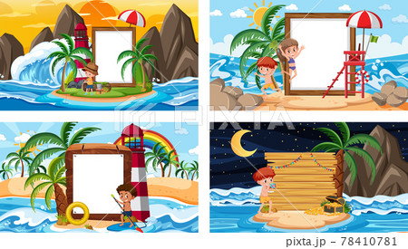 Set of different tropical beach scenes with blank banner Set of different tropical beach scenes with blank banner 78410781
