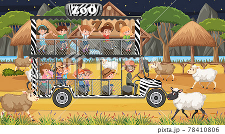 Safari At Night Time Scene With Children のイラスト素材