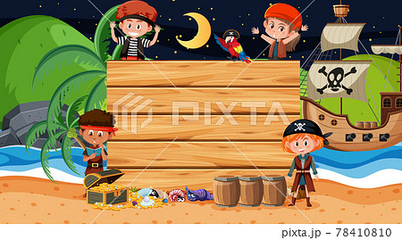 Pirate kids at the beach night scene with an empty wooden banner template Pirate kids at the beach night scene with an empty wooden banner template 78410810
