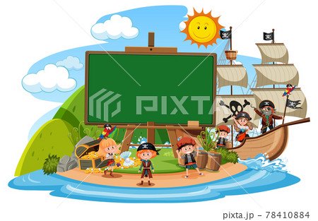 Many pirate kids on the island with blank banner template isolated 78410884