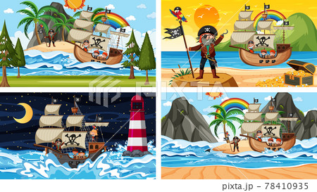 Set of different beach scenes with pirate ship and pirate cartoon character Set of different beach scenes with pirate ship and pirate cartoon character 78410935