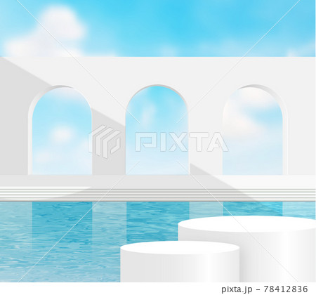 3d render, Surreal  landscape with white wall and pool with the blue sky. Modern minimal abstract 78412836