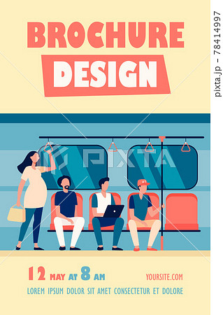 Pregnant woman standing by impolite subway train passengers 78414997
