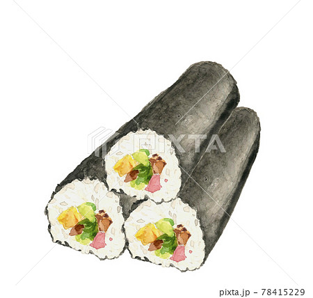 3本の太巻きずし 恵方巻き 【水彩】節分 年中行事 豆まき 白バック PNG 78415229