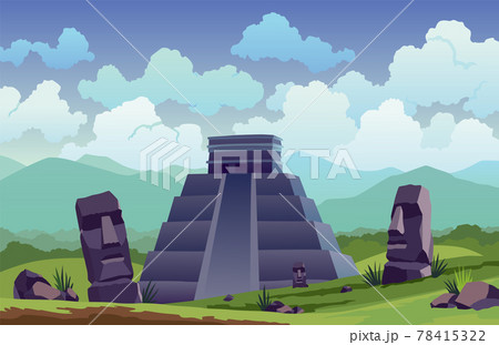 Easter island. Traveler at ancient mayan pyramids or moai statues. Famous travel landscape location banner. Tourism and vacation tropical background 78415322
