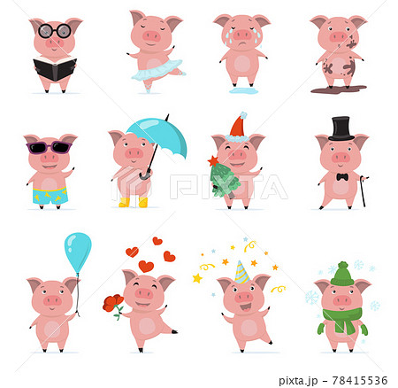 Cute piggy characters flat set for web design 78415536