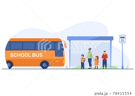 Children With Teacher Waiting For Bus At Bus Stopのイラスト素材