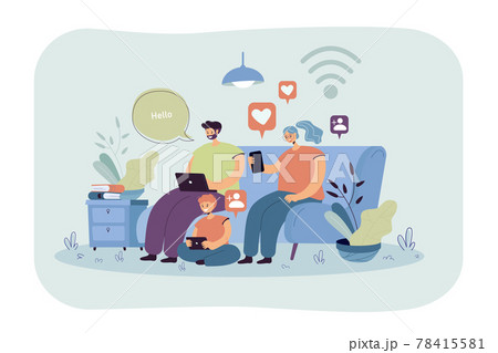 Addicted family using digital gadgets Addicted family using digital gadgets 78415581
