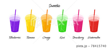Set Fruit smoothie in a plastic cup with straw from Orange, strawberry and banana. Set Fruit smoothie in a plastic cup with straw from Orange, strawberry and banana. 78415740