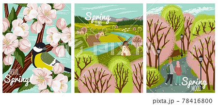 Spring time vector hand drawn posters. Spring...のイラスト素材