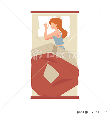 Young woman sleeping cozy and calm in bed, flat vector illustration isolated. 78419087