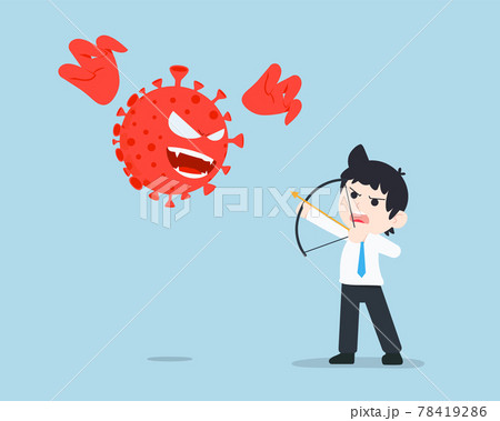 Business man holding a Bow and Fearlessly Aiming at the Coronavirus Covid 78419286