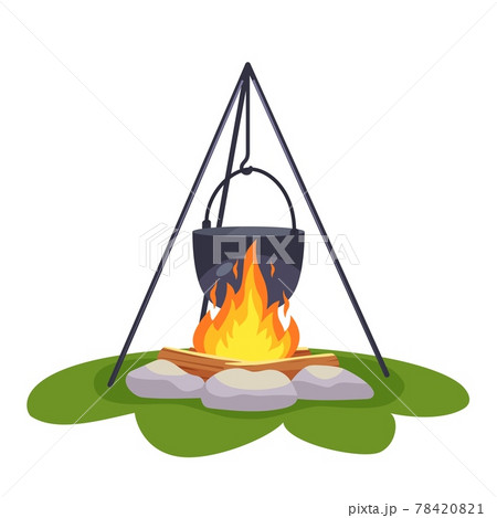 Camping pot over bonfire 78420821