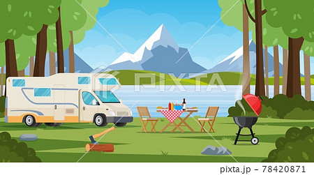 Camper with barbecue folding table deckchair 78420871