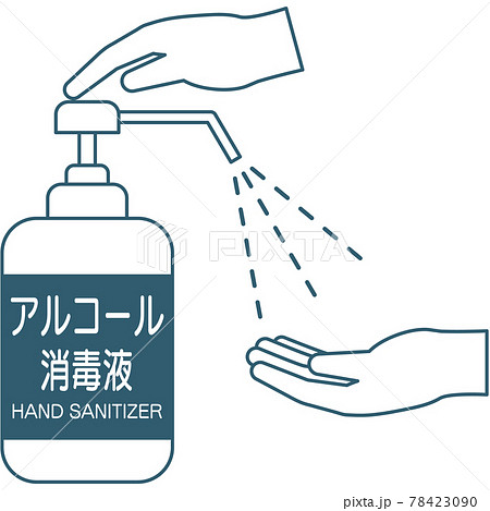 手指消毒剤で手を消毒するイラスト 線アイコン のイラスト素材