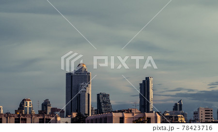 Aerial view of Bangkok modern office highrise buildings, condominium in Bangkok city downtown with sunset sky , Bangkok , Thailand 78423716