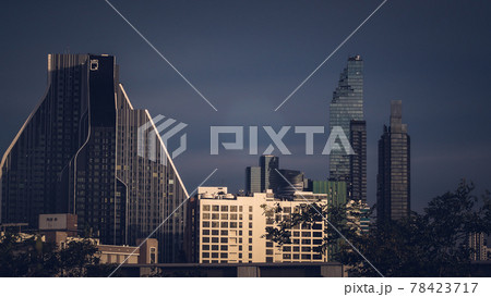 Aerial view of Bangkok modern office highrise buildings, condominium in Bangkok city downtown with sunset sky , Bangkok , Thailand 78423717