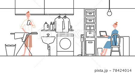 家事室線画＋アイロンをかける夫とパソコンで家計簿をつける妻 78424014