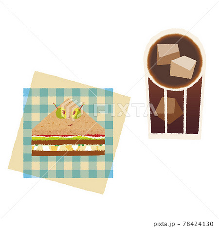 三角サンドイッチとペーパーナプキンとアイスコーヒー クレヨンタッチのイラスト素材