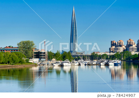 Skyscraper of Gazprom in St. Petersburg with fucking in the river against 78424907