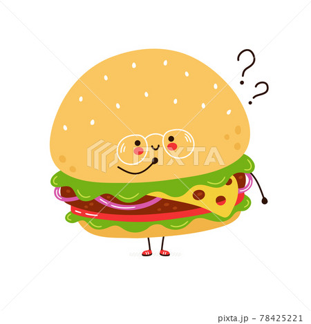 Cute funny burger in glasses character with question marks. Vector hand drawn cartoon kawaii character illustration icon. Isolated on white background. Burger character concept Cute funny burger in glasses character with question marks. Vector hand drawn cartoon kawaii character illustration icon. Isolated on white background. Burger character concept 78425221