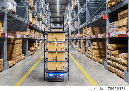 Autonomous robot delivery in warehouses with 5g wireless connection, Smart industry 4.0 concept 78426571