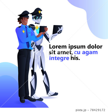 police robot with african american patrol man cops in uniform using tablet pc artificial intelligence technology 78429172