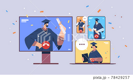 mix race graduated students discussing during video call graduates celebrating academic diploma degree education 78429257